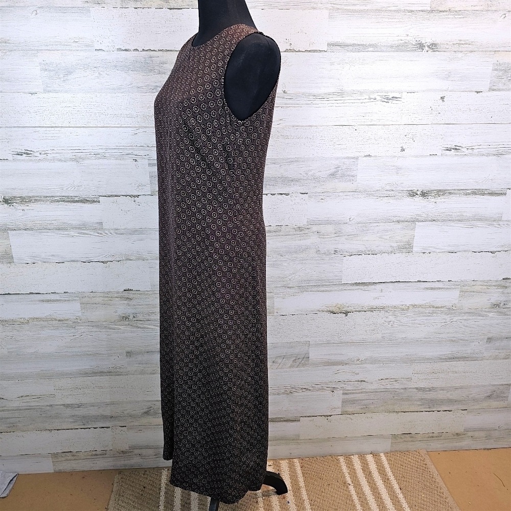 Vintage Old Navy 90s Chocolate Brown Print Midi Dress Sz 4 Rayon Sleeveless - Picture 4 of 16